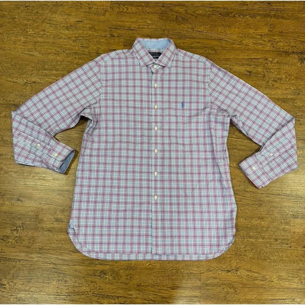Polo Ralph Lauren Pink Plaid Stretch Casual Long Sleeve‎ Button Up Shirt Men's L